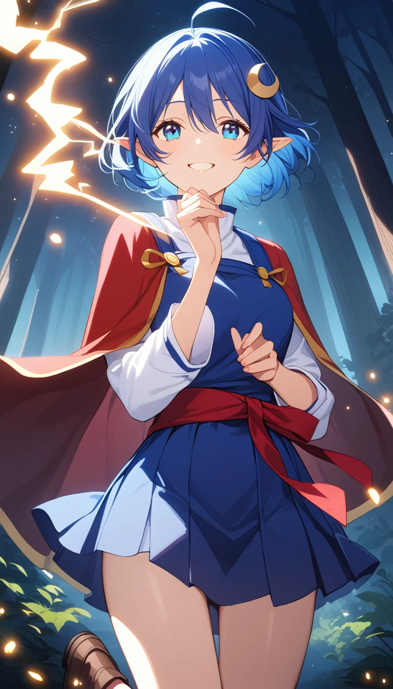 1girl, RENA LANFORD, 1GIRL, AHOGE, BLUE HAIR, SHORT HAIR, BLUE EYES, POINTY EARS
CRESCENT HAIR ORNAMENT, RED CAPE, BLUE VEST, LEATHER ARMOR, RED RIBBON, WAIST RIBBON, BLUE SKIRT, MINISKIRT, SHOES, BREAK kawaii, smile, cowboy shot, own hands clasped, forest, night, lightning bug, light particle, BREAK detailed face, smooth skin, cinematic lighting, volumetric shadow, BREAK score_9, score_8_up, score_7_up, 