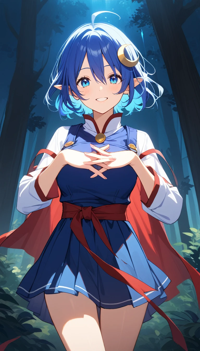 1girl, RENA LANFORD, 1GIRL, AHOGE, BLUE HAIR, SHORT HAIR, BLUE EYES, POINTY EARS
CRESCENT HAIR ORNAMENT, RED CAPE, BLUE VEST, LEATHER ARMOR, RED RIBBON, WAIST RIBBON, BLUE SKIRT, MINISKIRT, SHOES, BREAK kawaii, smile, cowboy shot, own hands clasped, forest, night, lightning bug, light particle, BREAK detailed face, smooth skin, cinematic lighting, volumetric shadow, BREAK score_9, score_8_up, score_7_up, 