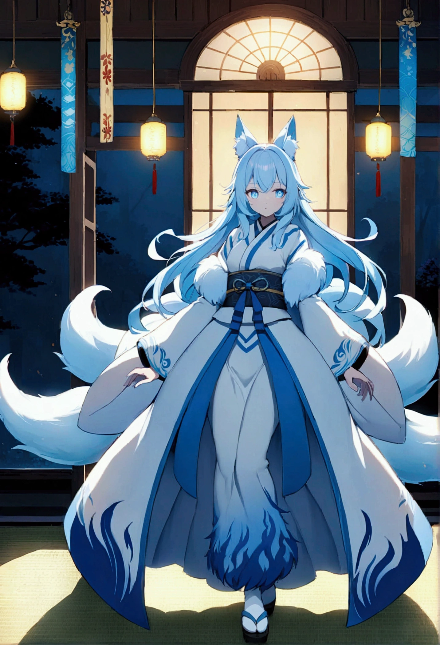fox Light blue hair beast girl indigo fur fox beast girl fox Light blue hair beast girl indigo fur fox beast girl Wallpaper 4k,8k,highly detailled,,vivid colors,detailed kitsune with 9 tails,traditional Japanese artwork,tatami floor,beautiful cherry blossoms,floating lanterns,dark silhouette of a pagoda,subtle moonlight,dense forest,ethereal atmosphere,dappled sunlight,whimsical spirit,serene expression,elaborate kimono and obi,delicate hand-painted details,luminous eyes Anime Style fox blue White-faced golden-haired nine-tailed fox Coat blue fox Light blue hair beast girl indigo fur fox beast girl Anime Style fox blue White-faced golden-haired nine-tailed fox Coat blue mysterious background Blue Flame girl have a ball of light fox Light blue hair beast girl indigo fur fox beast girl mysterious background Blue Flame girl have a ball of light Anime Style fox blue White-faced golden-haired nine-tailed fox Coat blue mysterious background Blue Flame girl have a ball of light