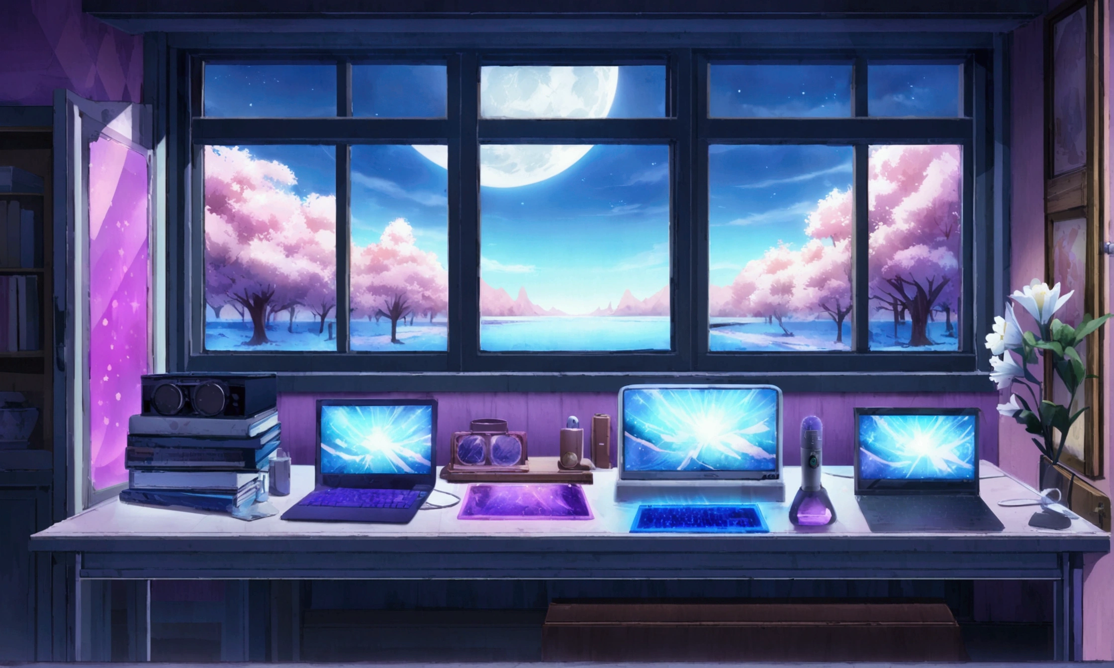 on the desk、No people、tablet、liquid crystal、moon、Purple Lights、Purple Neon、Purple gradient、pc monitor、liquid crystaltablet、smartphone、wall、dark atmosphere、Blue Neon、Blue Star、keyboard、Vocal Microphone、headphone、Large windows、scenery、white flowers and a laptop on a desk in front of a window, a digital painting inspired by Uragami Gyokudō, pixiv contest winner, magical realism, magic lab background, magical background, background art, personal room background, random background scene, anime background art, cozy cafe background, fairy tale style background, background artwork, mobile game background