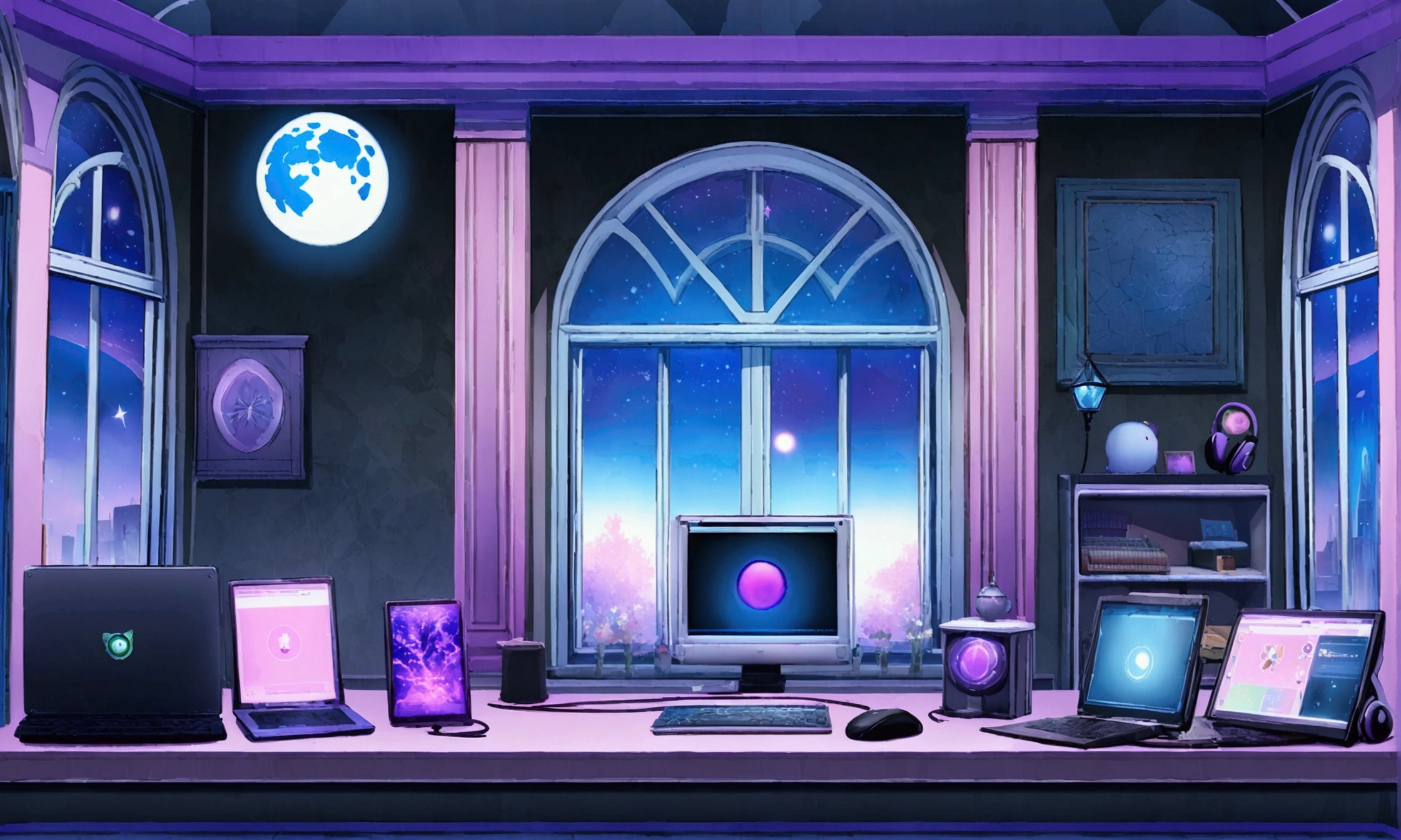 on the desk、No people、tablet、liquid crystal、moon、Purple Lights、Purple Neon、Purple gradient、pc monitor、liquid crystaltablet、smartphone、wall、dark atmosphere、Blue Neon、Blue Star、keyboard、Vocal Microphone、headphone、Large windows、scenery、white flowers and a laptop on a desk in front of a window, a digital painting inspired by Uragami Gyokudō, pixiv contest winner, magical realism, magic lab background, magical background, background art, personal room background, random background scene, anime background art, cozy cafe background, fairy tale style background, background artwork, mobile game background