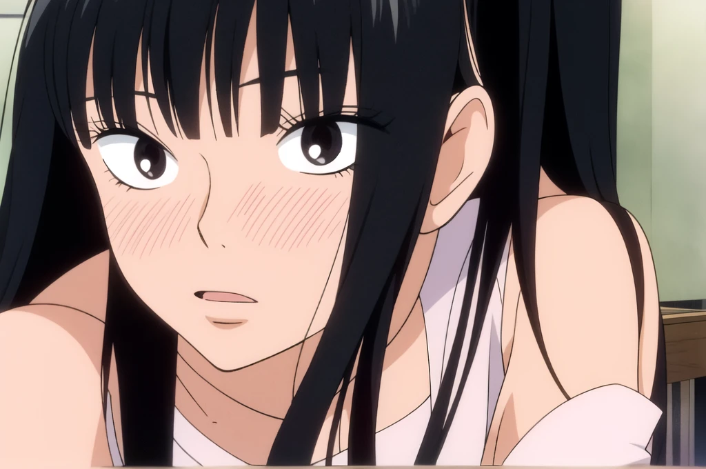 ((Best Quality)),((Very detailed)),masterpiece,absurdities,detailed face,beautiful face,((detailed eyes, deep eyes)),(1 girl),((dynamic pose)), sawako, 1 girl, black fur, alone, by the wide, hits, black eyes, blunt hits, medium large breasts, blush, looking at the viewer, open mouth, white short sleeve t-shirt, hime cut, Upper part of the body, inside, chair, classroom, desk, Chapped lips, alone, by the wide y negro, side locks, bright, cropped shoulders, split bangs, curls, off shoulder shirts, style artístico retro, 90s of the 20th century. (style), 80s of the 20th century. (style)