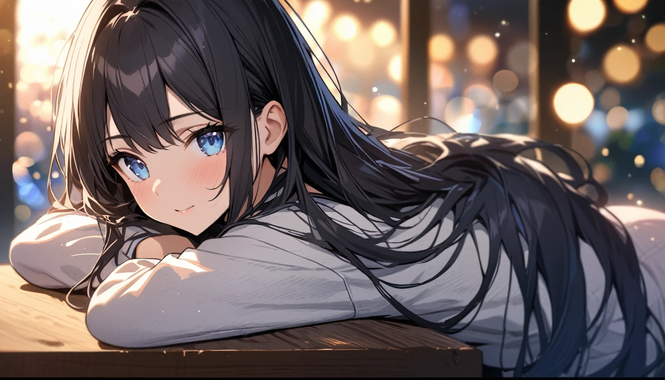 Full resolution, Highest quality, masterpiece, Full HD, Bokeh, particle Bokeh, Written boundary depth, Beautiful girls, Very detailed, One Girl, pretty girl, Black Hair, Long Hair, Blue water eyes