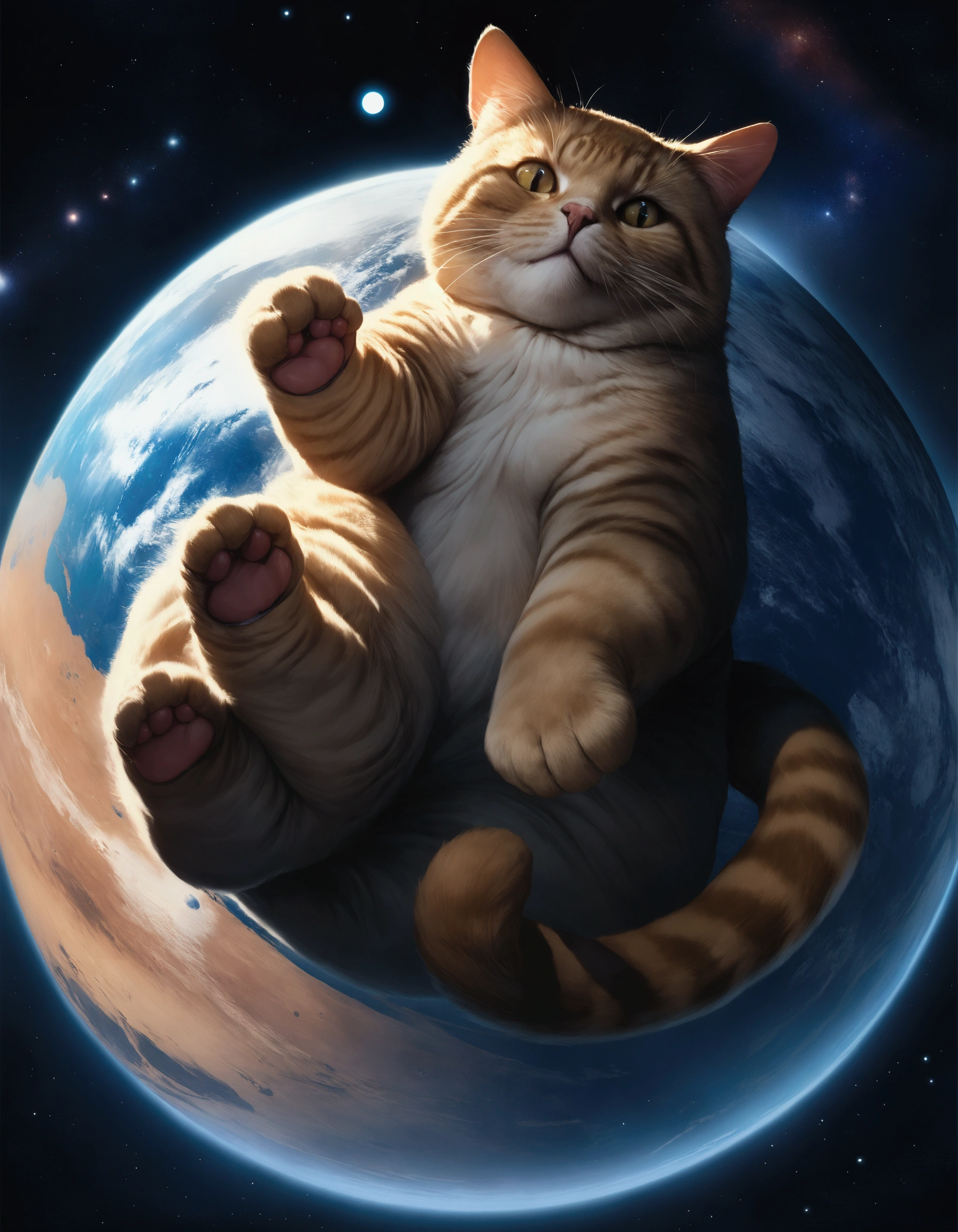 A gigantic cat,huge cat,massive cat,cat batting the earth,cat chasing the earth,the earth floating in space,the solar system,planets,stars,cosmic background,dramatic lighting,cinematic angle,photorealistic,highly detailed,8k,masterpiece,digital art,concept art,matte painting