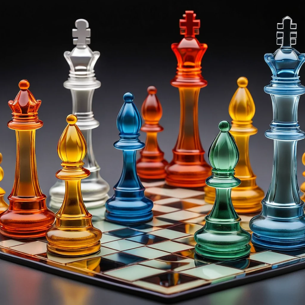 Chex city street, peoples cross the road, semi transparent colored glass chess set with an erothic theme. Each chess piece has a very subtle errotic shape, chess board liquid