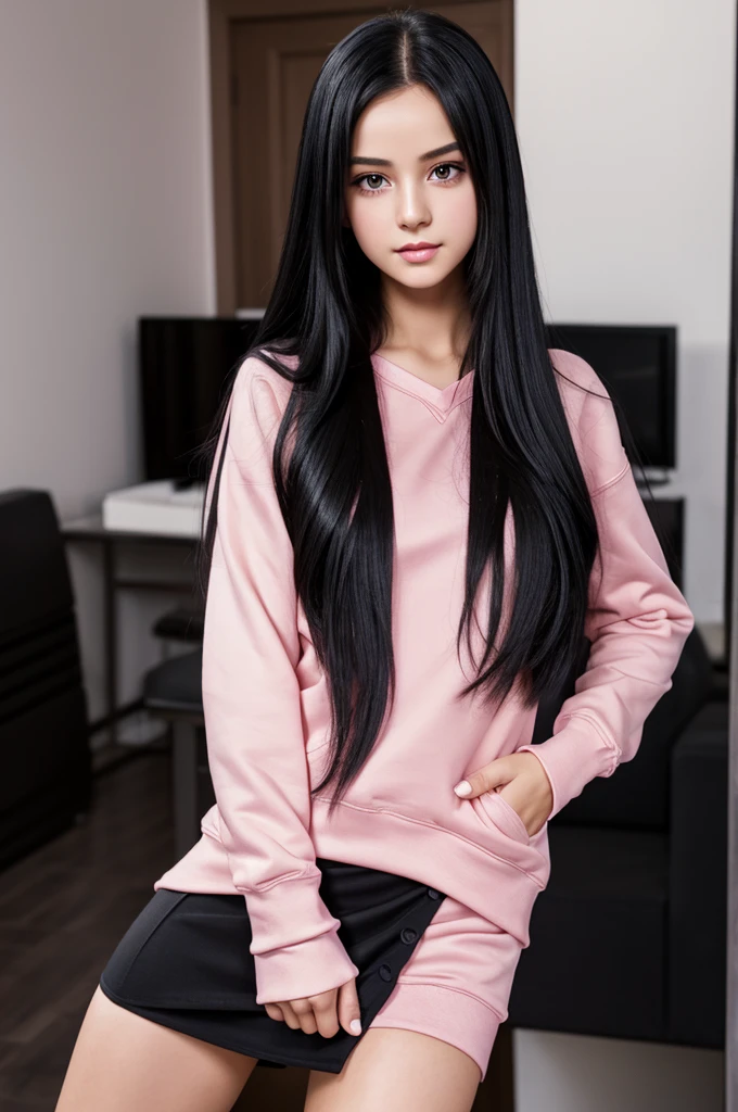 Long black hair femboy, pink eyes. Wear a top sweatshirt, a mini skirt, thigh high stockings. (Maximum quality), (Well detailed face), (attractive body), (femboy), (16 years).
