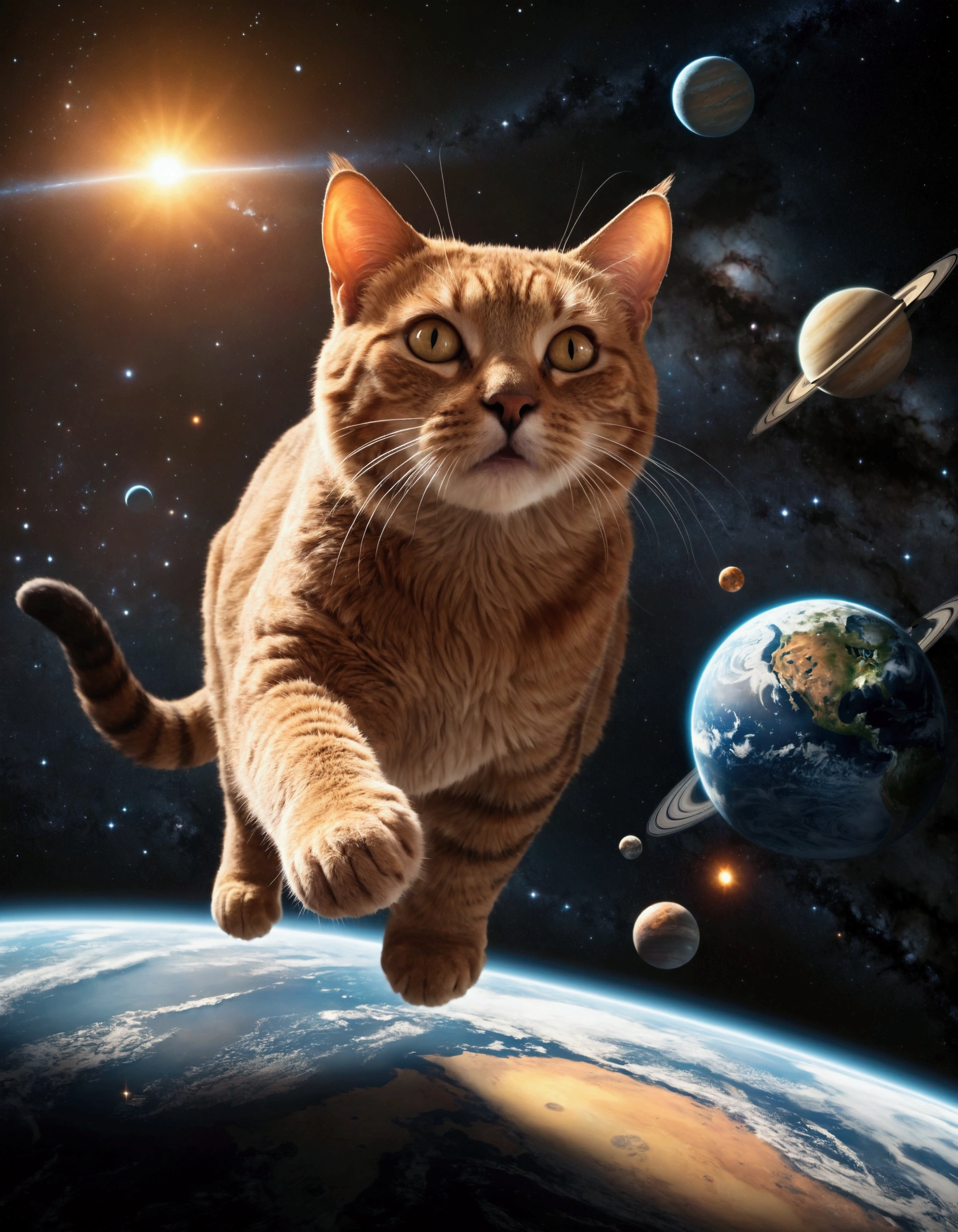 A gigantic cat,huge cat,massive cat,cat batting the earth,cat chasing the earth,the earth floating in space,the solar system,planets,stars,cosmic background,dramatic lighting,cinematic angle,photorealistic,highly detailed,8k,masterpiece,digital art,concept art,matte painting