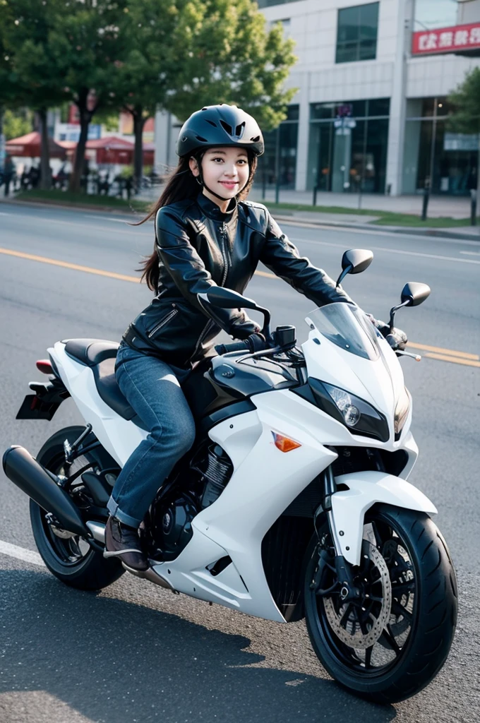Create an image of a beautiful and cute girl riding a motorcycle in the East.