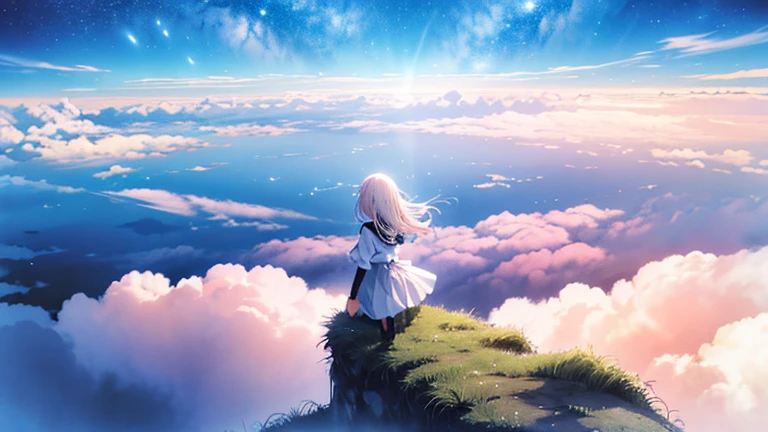 Absurd, High resolution, (Official Art, beautifully、aesthetic: 1.2), close, Bright Sky, A vast world,((1 cute girl)), stare, Awe-inspiring expressions, Distant Horizon, cloud, High Hill, Natural Beauty, Inspiration, Light effects, Wide Shot, From afar,
