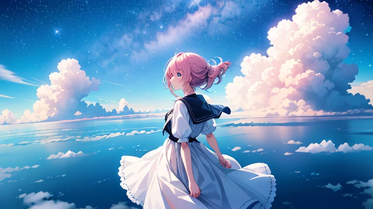 Absurd, High resolution, (Official Art, beautifully、aesthetic: 1.2), close, Bright Sky, A vast world,((1 cute girl)), stare, Awe-inspiring expressions, Distant Horizon, cloud, High Hill, Natural Beauty, Inspiration, Light effects, Wide Shot, From afar,