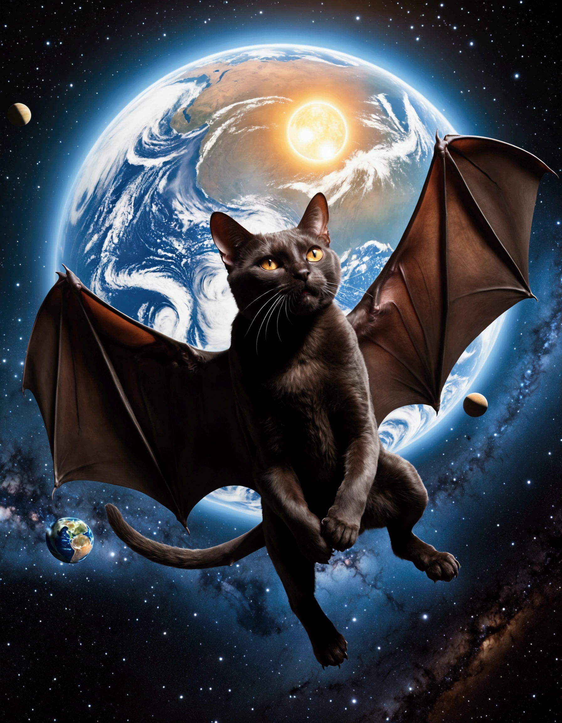 A gigantic cat bats the earh around as it chases Earth across the solar system