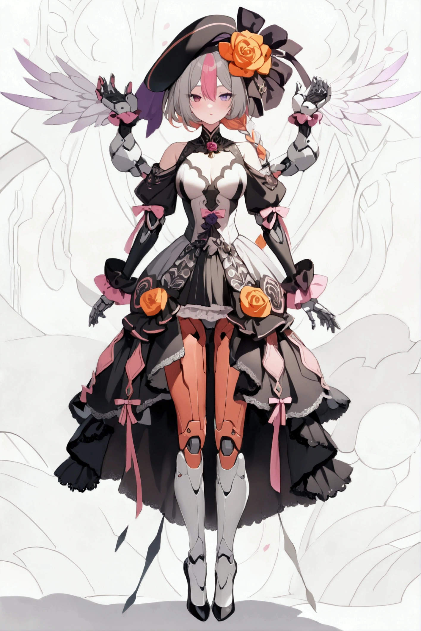 woman 160 cm tall, slim build, , charming look, ((heterocromia: look like, derecho naranja y look like izquierdo violeta)), (gray hair with pink wavy shoulder length, He has a short braid on the left side of his hair on his chest., big open bangs, has a gear hairpin on the left side of the hair), (((complex mechanical legs up to the hip, The legs are black with gray parts with small pink details))), (((complex mechanical arms up to the elbows, The arms are black with gray parts with small pink details))), (complex mechanical angel wings of white color with dark gray parts), elegant black French beret with an orange rose ribbon, (elegant thigh-length one-piece dress, bell skirt, short sleeves, elegant black hip belt with orange parts, small rose brooch in the middle of the chest, beautiful stiletto heels, blue and black ribbon decorations on the dress, (((character design sheet: Front view))), ((Whole body)), extremely detailed beautiful hair, beautiful detailed dress, extremely detailed arms, extremely detailed face, (Extremely detailed hands), perfect hands, small face, hermosos look likes detallados, beautiful detailed lips, adorable, extremely detailed legs, (Best Quality, 8k, High resolution), ultra detailed, Exquisite and epic character art, ((White background)), (Focus on symmetry).