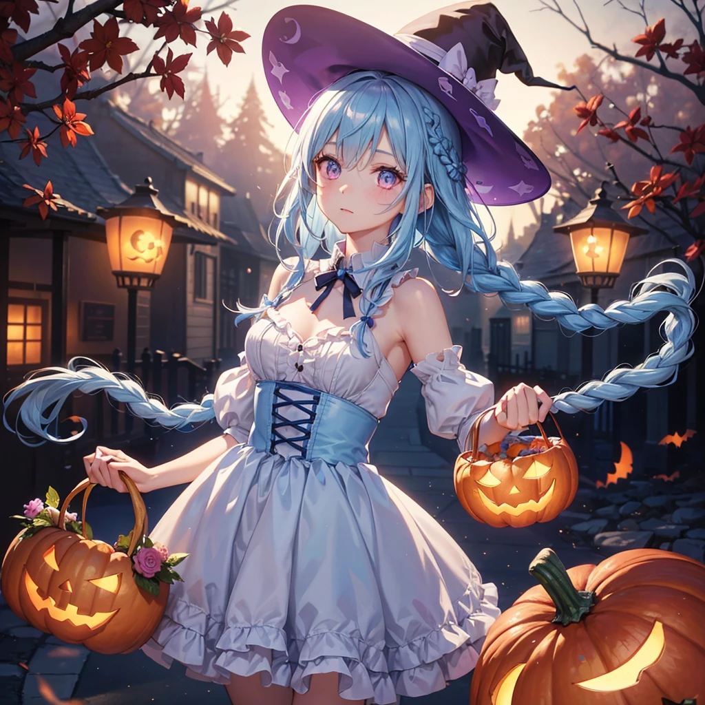 (Light blue medium hair:1.2),(Braided hair:1.2)、Pink eyes、Fair skin、cowboy shot、Halloween、The background is a pumpkin ghost、Crescent Moon、Trick or Treat、A lot of sweets、witch、Halloween night、Candy、many bat、Condescending expression、solo、(masterpiece、Highest quality、Very detailed、Best Shadow)、(Detailed Background)、(Beautifully detailed face)、High contrast、(Best lighting、Very delicate and beautiful)、(Cinematic Light)、colorful、Hyper Detail、Dramatic Light、Exquisite detail、