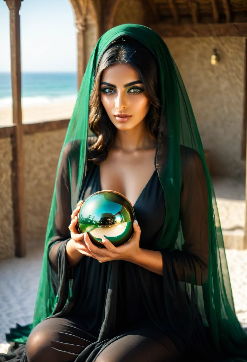 Beautiful beautiful Arab girl with strong green eyes in her 20s with a black veil covering her face, she has green eyes fortes, She wears black lingerie and a veil on her back, she is facing the camera, sultry gaze, she has green eyes, has sensual eye makeup, She is sitting on a Persian bed with a tent on top, she is facing the camera, She holds a perfectly smooth polished metal sphere with both hands and reflects the sunlight in her hands, there is a window behind it showing the beach