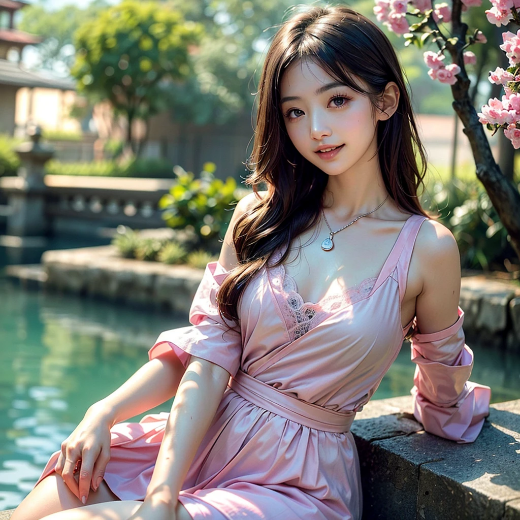 (highest quality、8k、32k、masterpiece、Hmph:1.45)、Cute Japanese Women Photos、Soft looking breasts、No bra、Ample breasts,((Yamashita Park Hikawamaru))、((Passion pink short cut))、Face Focus、White T-shirt、necklace、From above、Looking at the audience、((I'm showing my teeth and smiling))、Dynamic Shadows、blonde、Wet shiny hair、Shine, Watery eye、