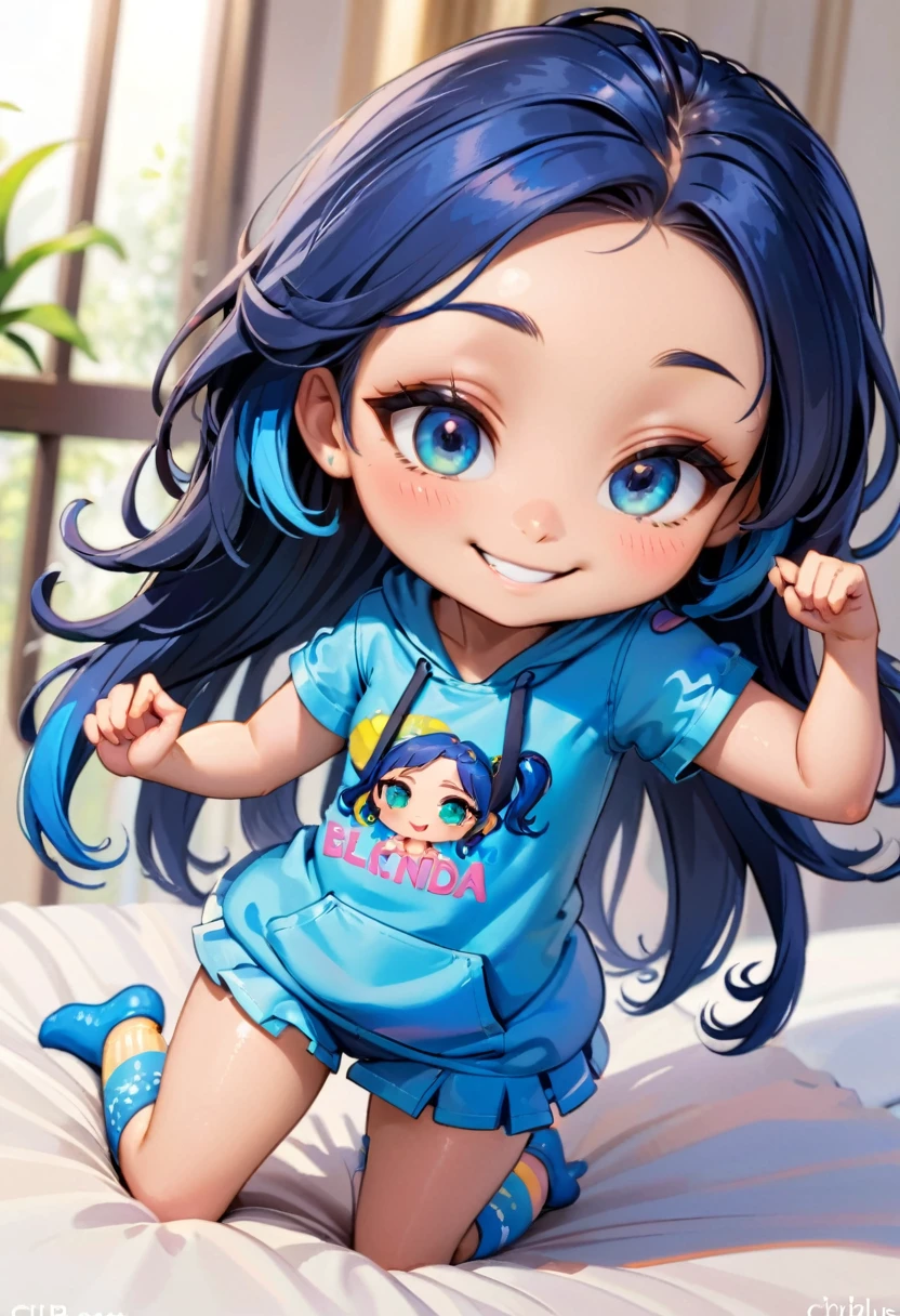 Style chibi mignon de bébé fille, Style de mode 2023, Thème élégant, Linda, expressif, content, beau sourire, De beaux cheveux raides, Modèle professionnel, Poses mignonnes, blondes, yeux bleus, Couleur vive, blondes hair