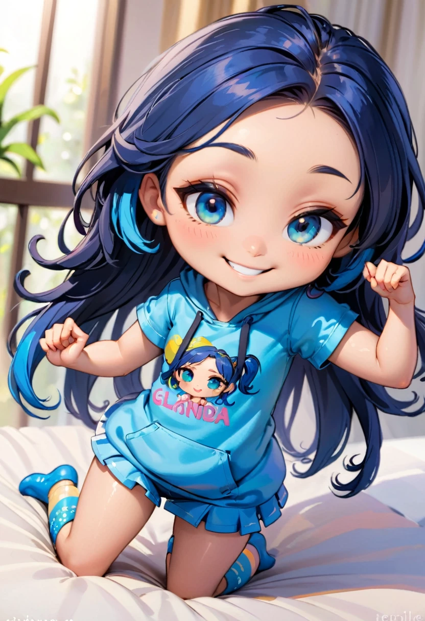 Style chibi mignon de bébé fille, Style de mode 2023, Thème élégant, Linda, expressif, content, beau sourire, De beaux cheveux raides, Modèle professionnel, Poses mignonnes, blondes, yeux bleus, Couleur vive, blondes hair
