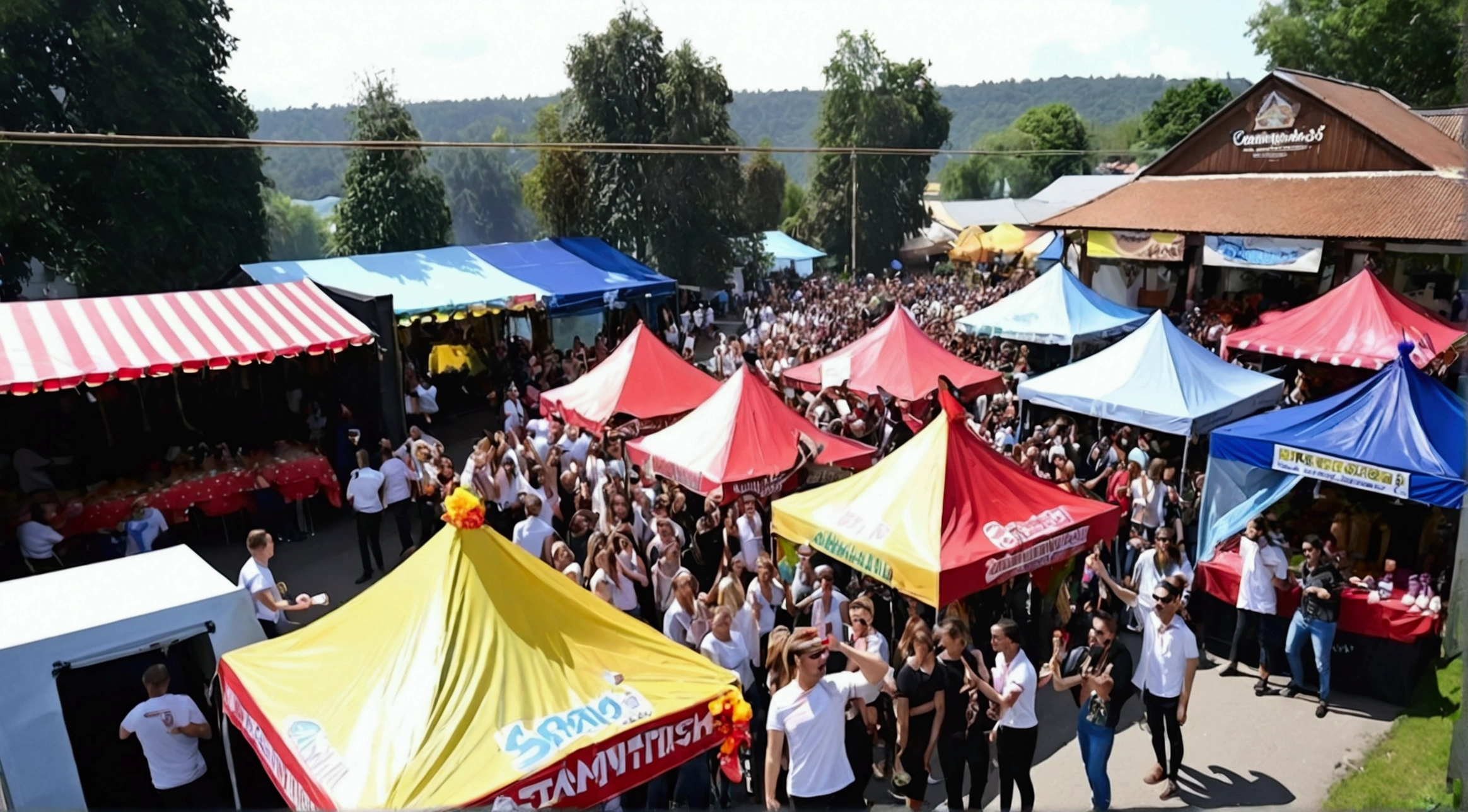 friends at a stammtisch party wearing uniforms shirts of the same color, drinking from beer mugs and having fun with German decorations and stalls