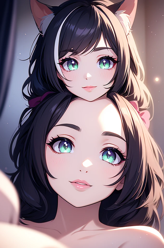 a mother cat girl with her little daughter lying in bed, mother with huge breasts, daughter with short bob haircut, nude, smiling, beautiful detailed eyes, beautiful detailed lips, extremely detailed eyes and face, long eyelashes, photorealistic, highly detailed, 8k, masterpiece, cinematic lighting, dramatic lighting, vibrant colors, warm color palette, mother using lipstick, daughter is a small
