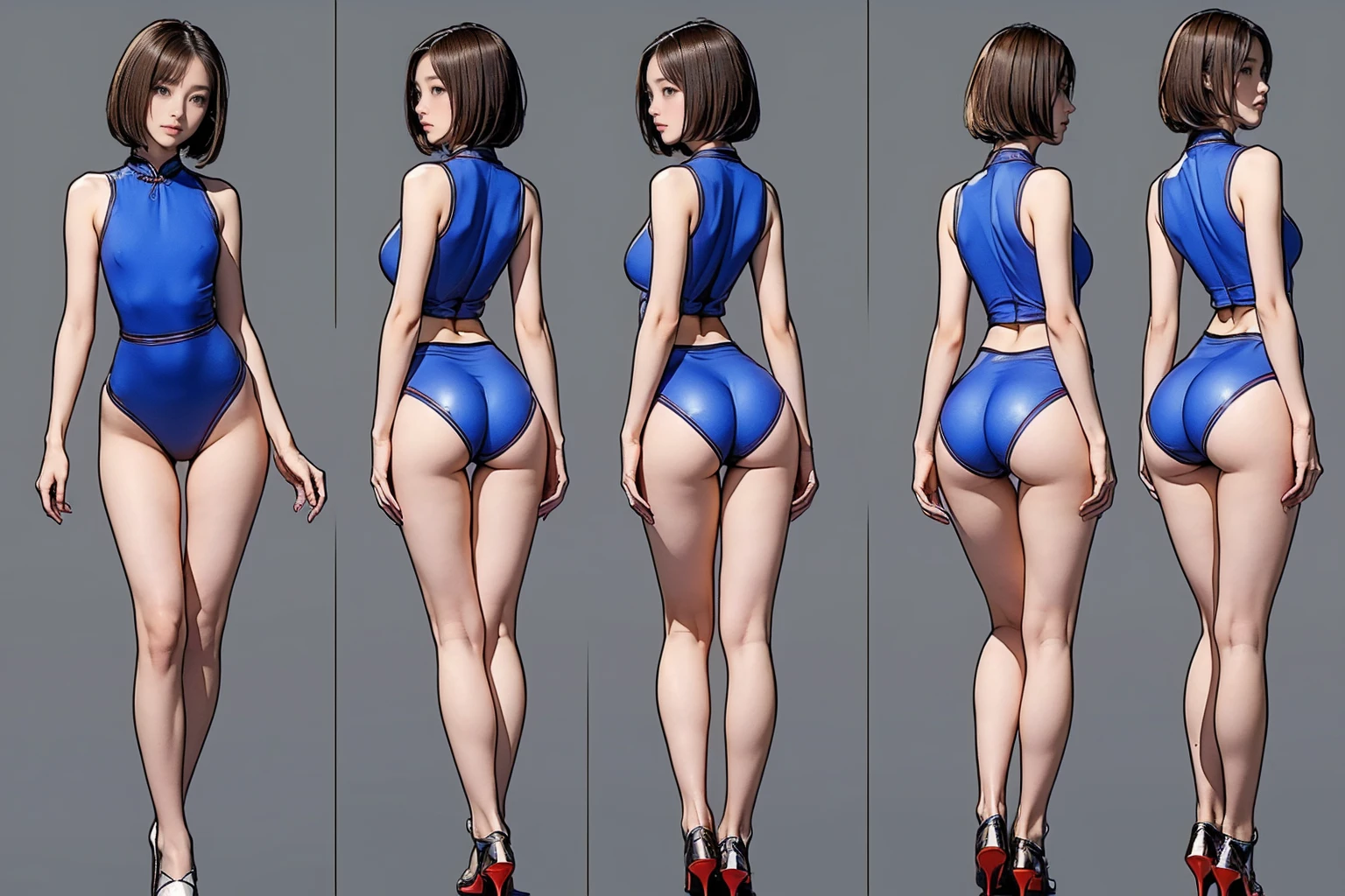 ((masterpiece)),(((Highest quality))),((Reference Sheet, Character Design, front, Rear view, Side view)), 14-year-old girl, Cute type,  (Very slim:1.4), (Very small ass:1.4), realistic buttocks, Big Breasts, Bobcut, Thin thighs, Long legs, It's not a big deal, ((Chinese Dance)), (Browsing Caution:1.1)