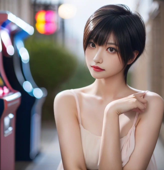 10 year old beauty，Perfect Eyes，Short cut with smooth and shiny hair、Her hair is light pink、Realistic 3D images、Very beautiful brown skin，Bust is very very very small、Full body nude images、The background is an arcade、High resolution、high resolution、A seductive pose with her hair brushed back、high resolution写真、Her lips are a light orange color with a lustrous shine.、Hairless genitals、Clear, sharp images of the lower body、Masterpiece 8K、A penis is inserted into the vagina