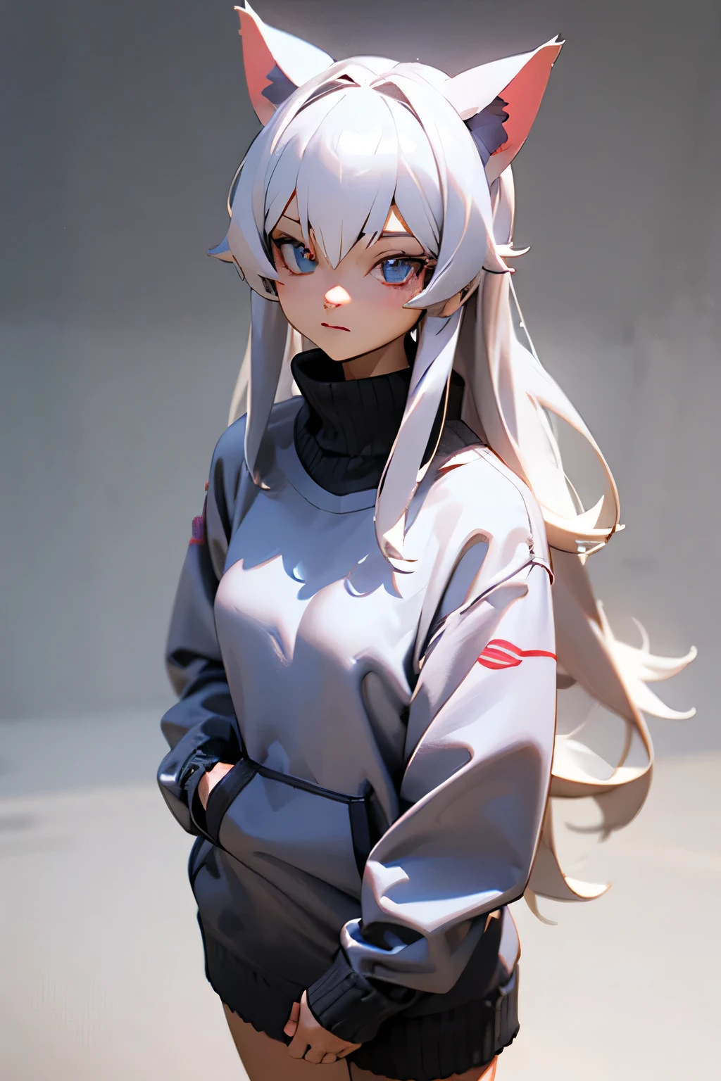 (3d anime drawing),Female character, Cat's ears,purples eyes, Black and white sweatshirt,LONG white hair