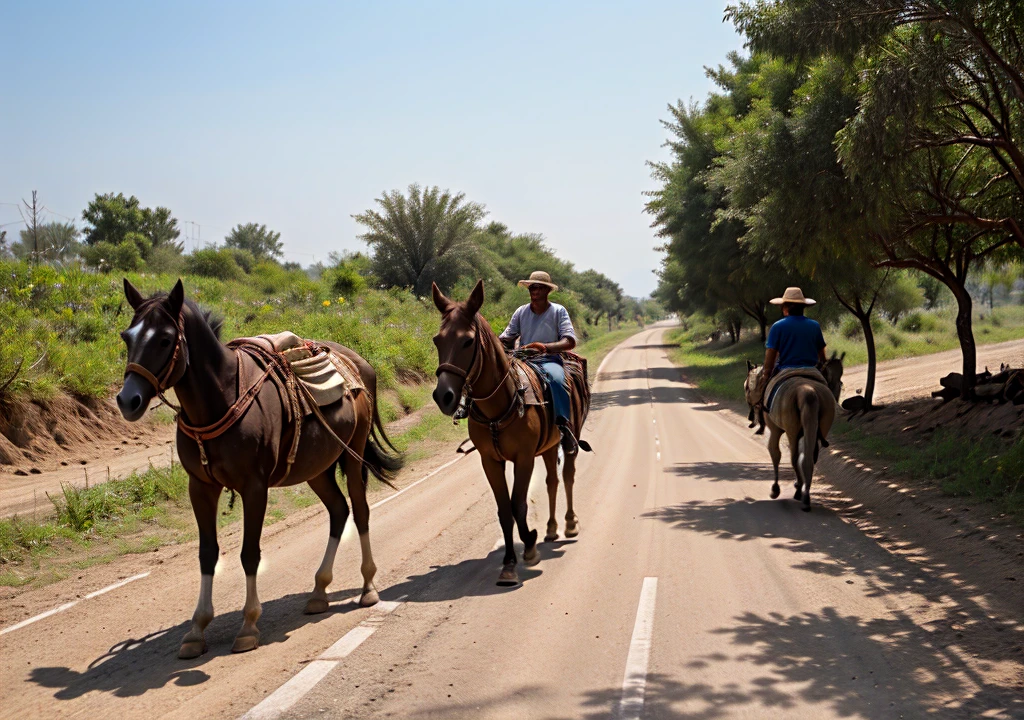 A trader leading a donkey and a horse, both loaded with goods, on a dusty road under a hot sun