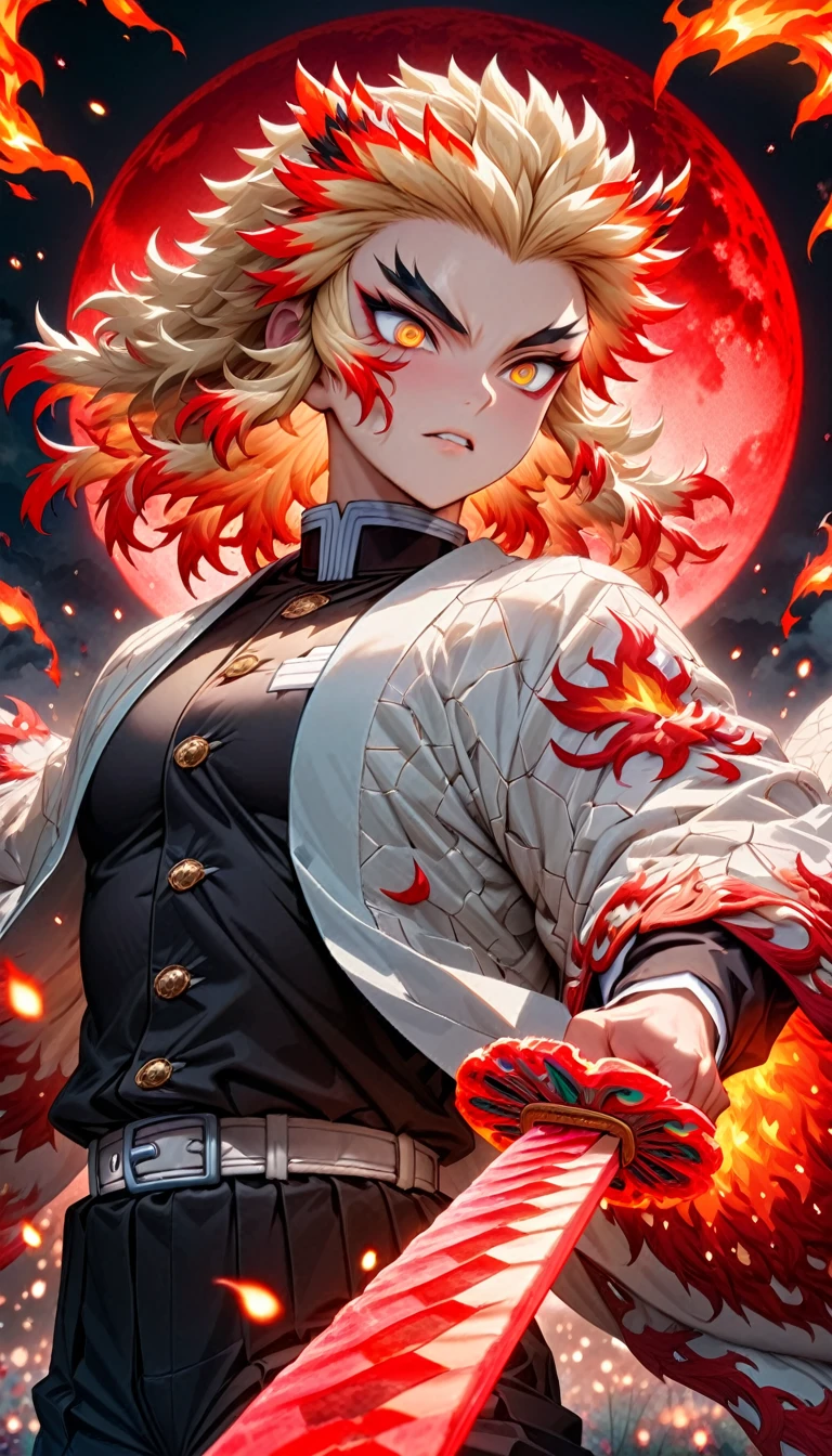 Super detailed, High resolution, Absurd, High resolution, masterpiece, Rengoku Kyojuro, Blonde, Expressive golden eyes, White Haori with a Flame Pattern, Black Demon Slayer uniform, Kimetsu no Yaiba, Fantasy, petal, Red flower, good looking, sexy man Grabbing a sword, alone, magic, shining red fireflies, Red Moon, Highest quality, Highly detailed face and eyes, fire, Grabbing a sword