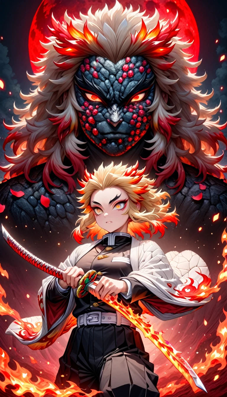 Super detailed, High resolution, Absurd, High resolution, masterpiece, Rengoku Kyojuro, Blonde, Expressive golden eyes, White Haori with a Flame Pattern, Black Demon Slayer uniform, Kimetsu no Yaiba, Fantasy, petal, Red flower, good looking, sexy man Grabbing a sword, alone, magic, shining red fireflies, Red Moon, Highest quality, Highly detailed face and eyes, fire, Grabbing a sword