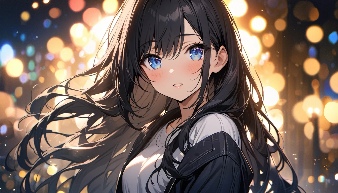 Full resolution, Highest quality, masterpiece, Full HD, Bokeh, particle Bokeh, Written boundary depth,  Beautiful girls, Very detailed, One Girl, pretty girl, Black Hair, Long Hair, Blue water eyes