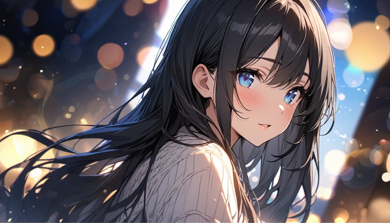 Full resolution, Highest quality, masterpiece, Full HD, Bokeh, particle Bokeh, Written boundary depth,  Beautiful girls, Very detailed, One Girl, pretty girl, Black Hair, Long Hair, Blue water eyes