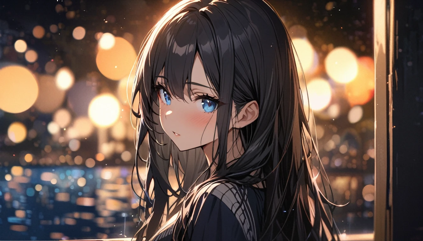Full resolution, Highest quality, masterpiece, Full HD, Bokeh, particle Bokeh, Written boundary depth, Beautiful girls, Very detailed, One Girl, pretty girl, Black Hair, Long Hair, Blue water eyes