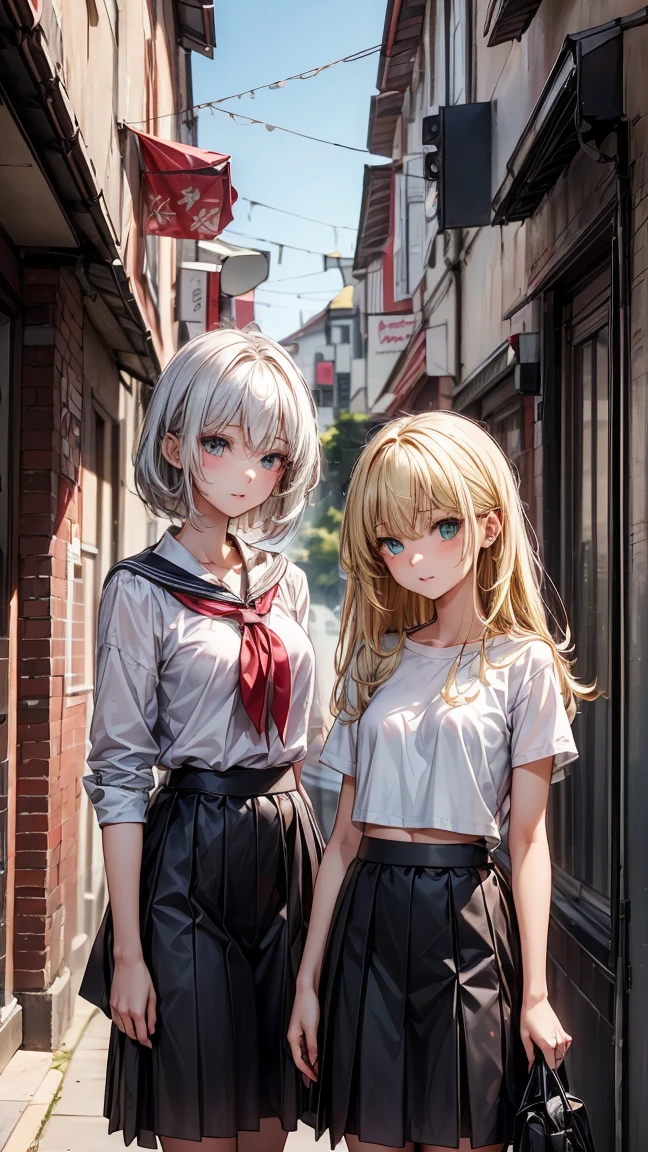 (((3 17 year old girls.))) 1 with yellow hair and green eyes, tanned body. 2 white hair and blue eyes, white body. 3 Red Hair And Red Eyes, with dark body. The 3 girls are standing. in  clothes, white top with a black skirt. High School College Fund.
