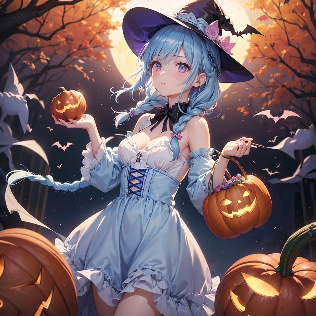 (Light blue medium hair:1.2),(Braided hair:1.2)、Pink eyes、Fair skin、cowboy shot、Halloween、The background is a pumpkin ghost、Crescent Moon、Trick or Treat、A lot of sweets、witch、Halloween night、Candy、many bat、Condescending expression、solo、(masterpiece、Highest quality、Very detailed、Best Shadow)、(Detailed Background)、(Beautifully detailed face)、High contrast、(Best lighting、Very delicate and beautiful)、(Cinematic Light)、colorful、Hyper Detail、Dramatic Light、Exquisite detail、