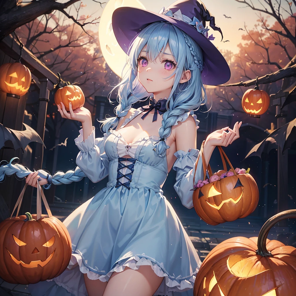 (Light blue medium hair:1.2),(Braided hair:1.2)、Pink eyes、Fair skin、cowboy shot、Halloween、The background is a pumpkin ghost、Crescent Moon、Trick or Treat、A lot of sweets、witch、Halloween night、Candy、many bat、Condescending expression、solo、(masterpiece、Highest quality、Very detailed、Best Shadow)、(Detailed Background)、(Beautifully detailed face)、High contrast、(Best lighting、Very delicate and beautiful)、(Cinematic Light)、colorful、Hyper Detail、Dramatic Light、Exquisite detail、