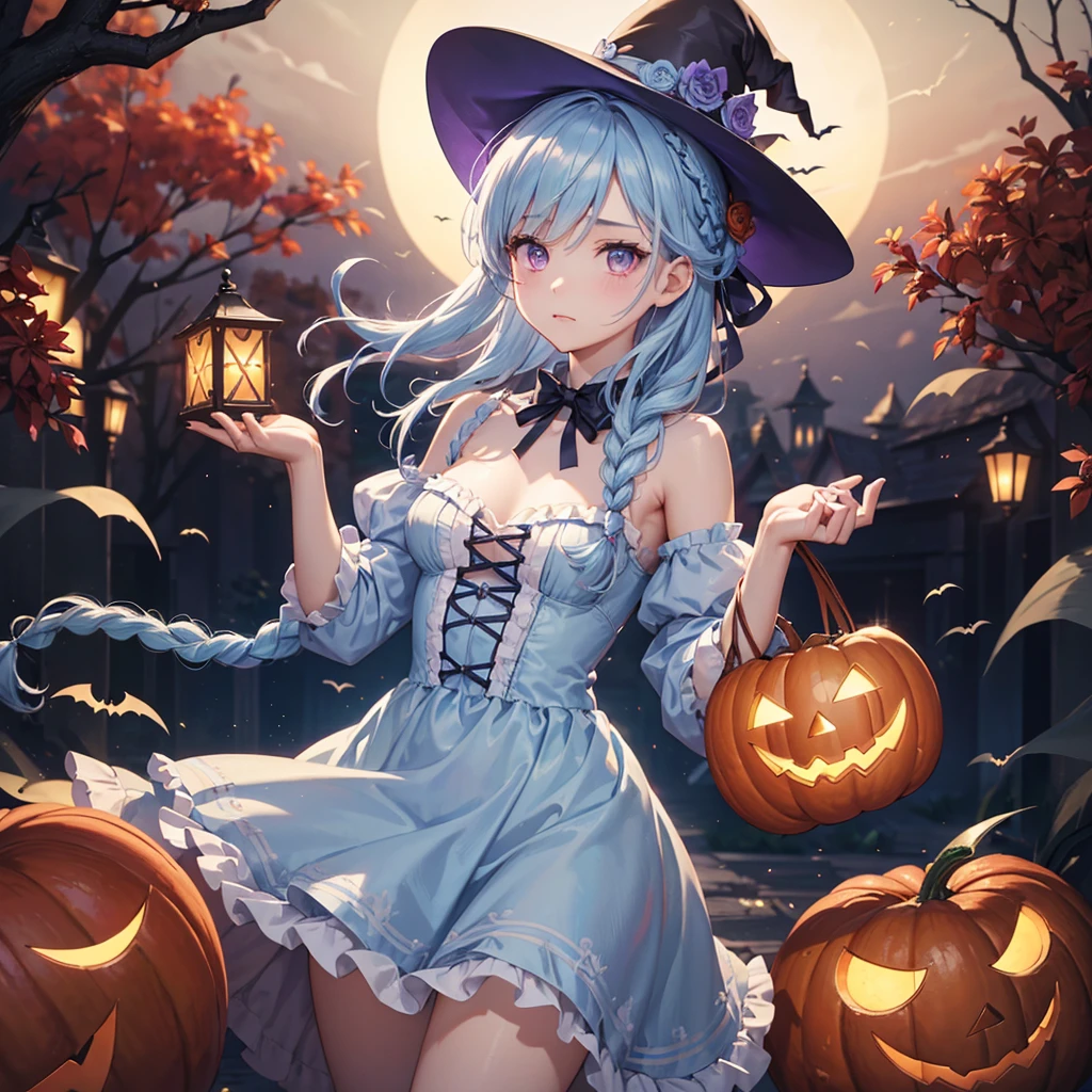 (Light blue medium hair:1.2),(Braided hair:1.2)、Pink eyes、Fair skin、cowboy shot、Halloween、The background is a pumpkin ghost、Crescent Moon、Trick or Treat、A lot of sweets、witch、Halloween night、Candy、many bat、Condescending expression、solo、(masterpiece、Highest quality、Very detailed、Best Shadow)、(Detailed Background)、(Beautifully detailed face)、High contrast、(Best lighting、Very delicate and beautiful)、(Cinematic Light)、colorful、Hyper Detail、Dramatic Light、Exquisite detail、
