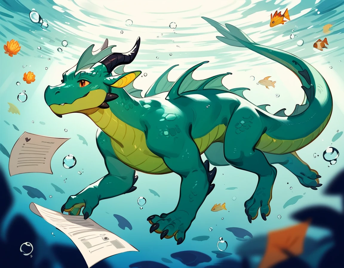 (score_9,score_8_up,score_7_up,score_6_up,score_5_up,score_4_up) green dragon underwater in paper quilting art style