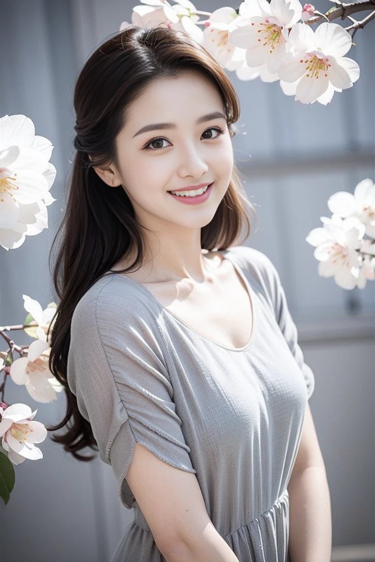 Highest quality, 1 beautiful woman, 28 years old, Oval face,Phoenix Eyes,Eyebrow, Double eyelids, Long eyelashes, A faint smile, ,S, 35mm lens, F/1, Cowboy Shot, Specific Background、Tiled background、Perm、Sweat ((Light grey Straight dreSS:1.1)), (a charming Smile:1.2), Perfect proportion,Sexy pose,Cherry Blossom Background