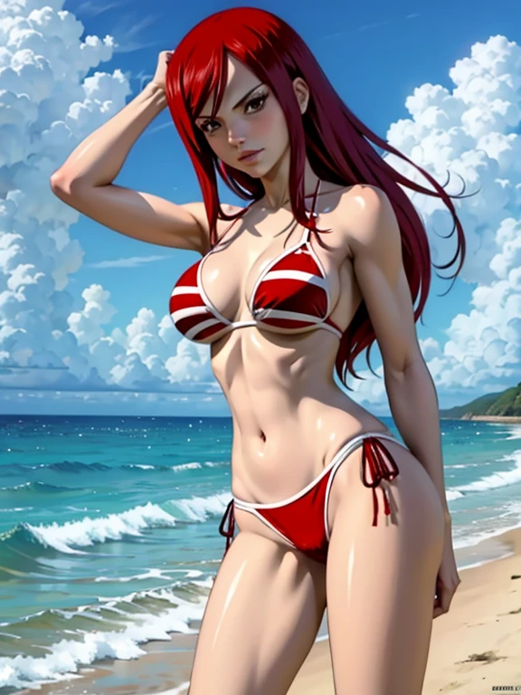 Erza Scarlet, at the beach, wearing skimpy bikini