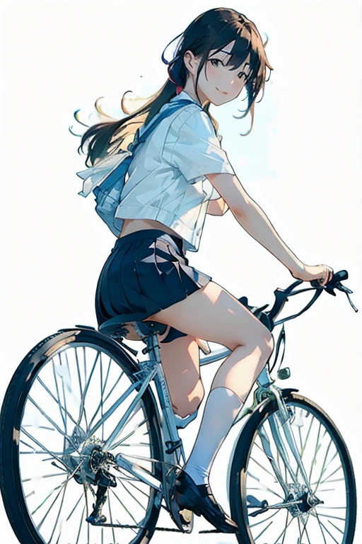 (masterpiece, Highest quality:1.2), One girl, ride a bicycle, alone, smile,