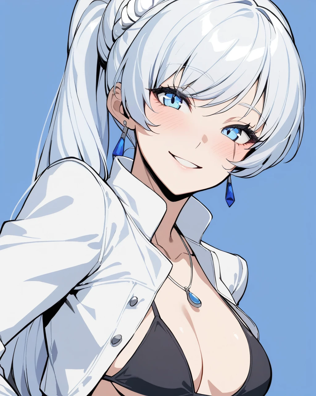 masterpiece,best quality,1girl, weiss schnee, solo, smile, looking at viewer, upper body, necklace, long sleeves, blue background, white jacket, earrings, blush, black bikini, scar on face, hair ornament, parted lips, cropped jacket