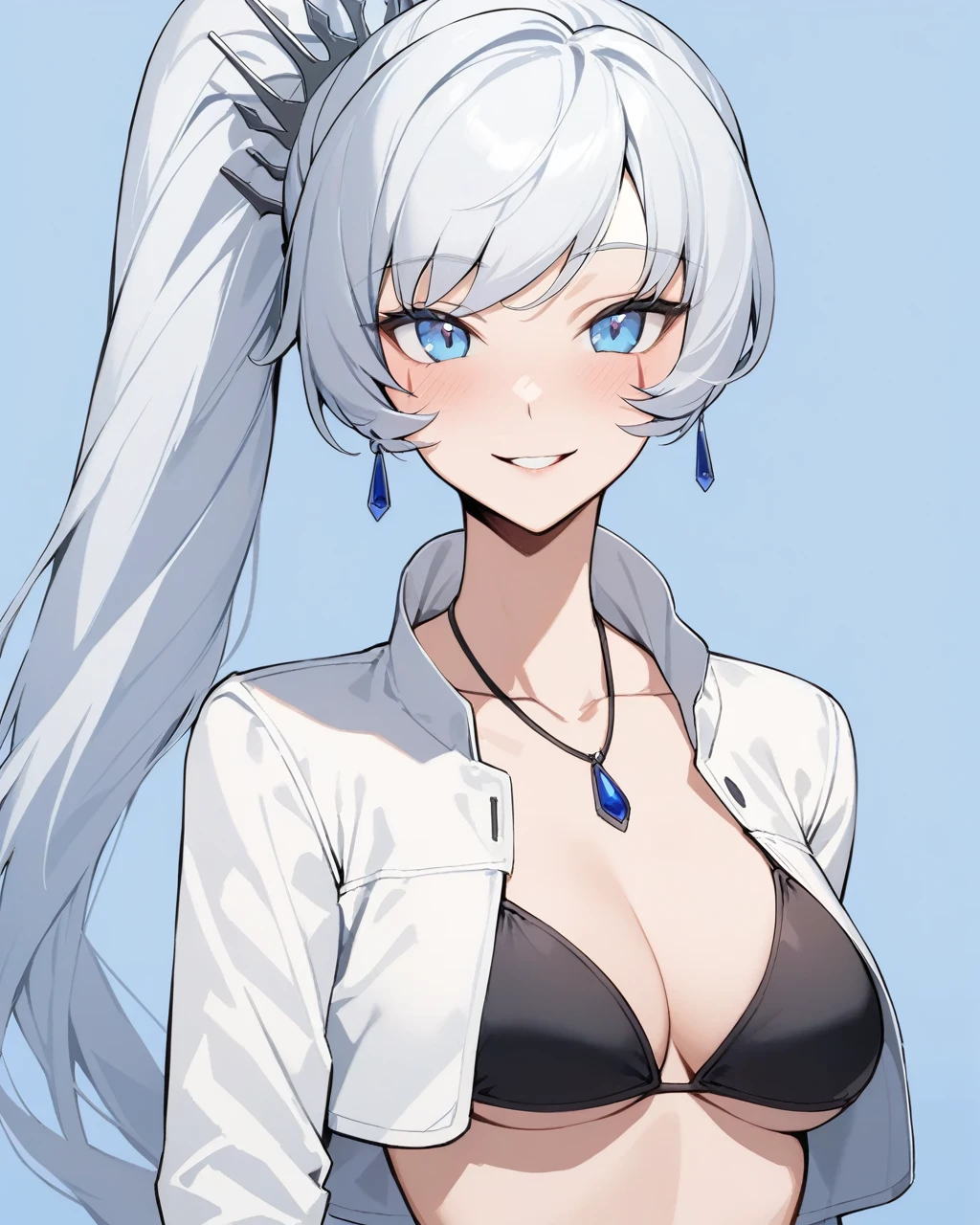 masterpiece,best quality,1girl, weiss schnee, solo, smile, looking at viewer, upper body, necklace, long sleeves, blue background, white jacket, earrings, blush, black bikini, scar on face, hair ornament, parted lips, cropped jacket