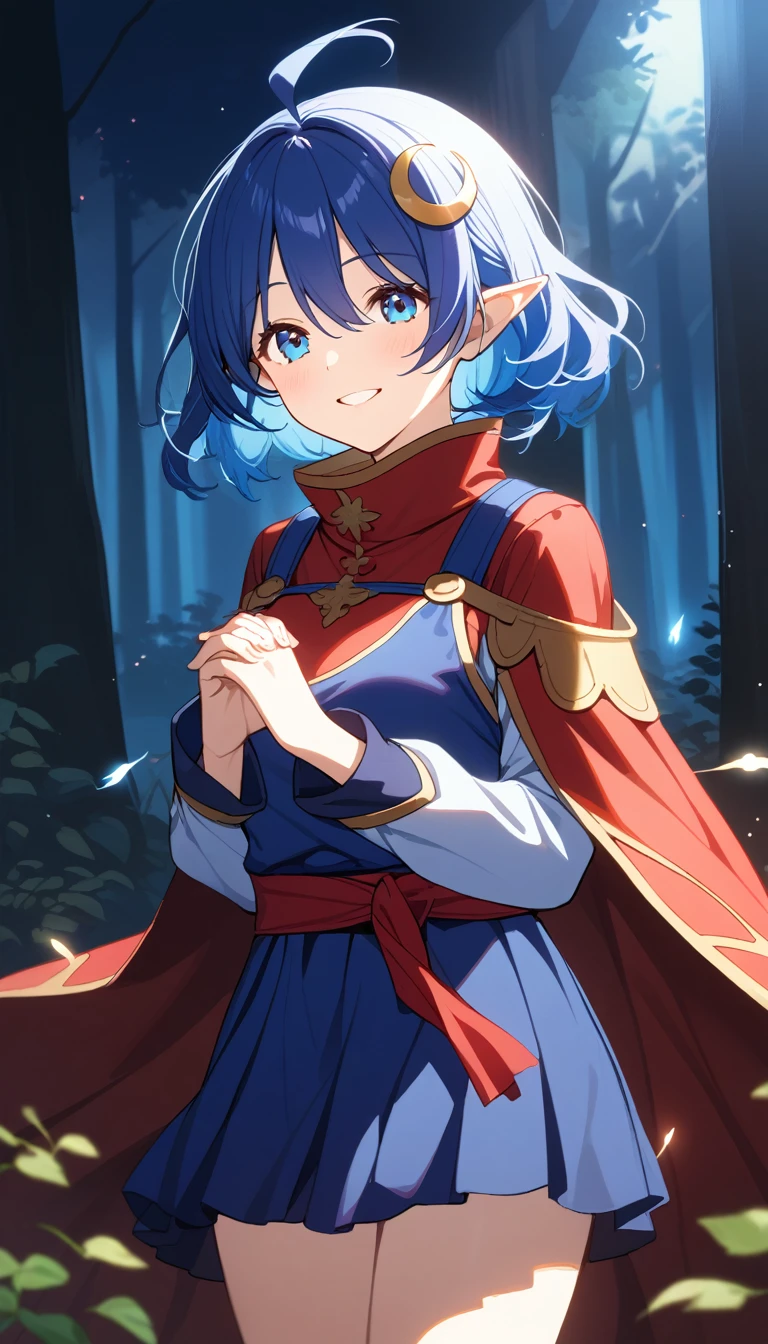 1girl, RENA LANFORD, 1GIRL, AHOGE, BLUE HAIR, SHORT HAIR, BLUE EYES, POINTY EARS
CRESCENT HAIR ORNAMENT, RED CAPE, BLUE VEST, LEATHER ARMOR, RED RIBBON, WAIST RIBBON, BLUE SKIRT, MINISKIRT, SHOES, BREAK kawaii, smile, cowboy shot, own hands clasped, forest, night, lightning bug, light particle, BREAK detailed face, smooth skin, cinematic lighting, volumetric shadow, 