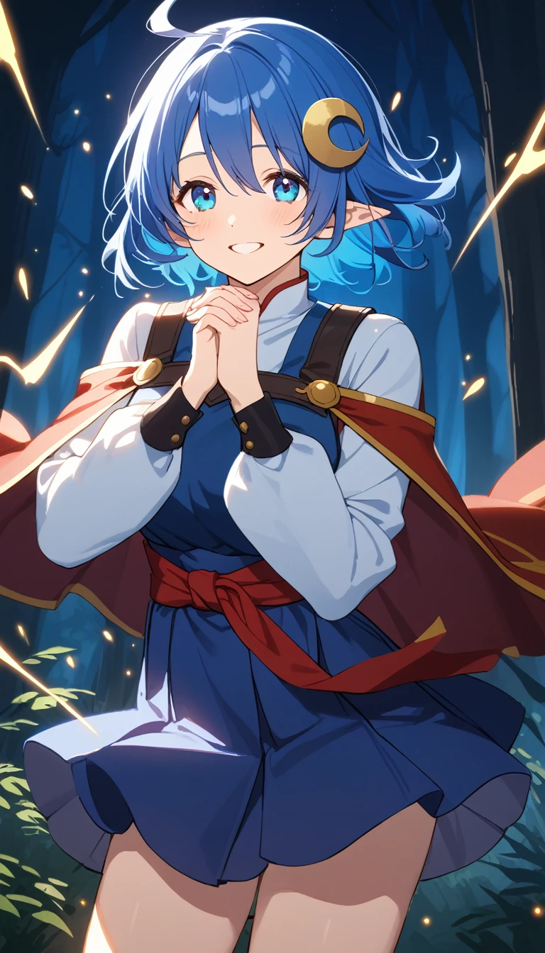 1girl, RENA LANFORD, 1GIRL, AHOGE, BLUE HAIR, SHORT HAIR, BLUE EYES, POINTY EARS
CRESCENT HAIR ORNAMENT, RED CAPE, BLUE VEST, LEATHER ARMOR, RED RIBBON, WAIST RIBBON, BLUE SKIRT, MINISKIRT, SHOES, BREAK kawaii, smile, cowboy shot, own hands clasped, forest, night, lightning bug, light particle, BREAK detailed face, smooth skin, cinematic lighting, volumetric shadow, 