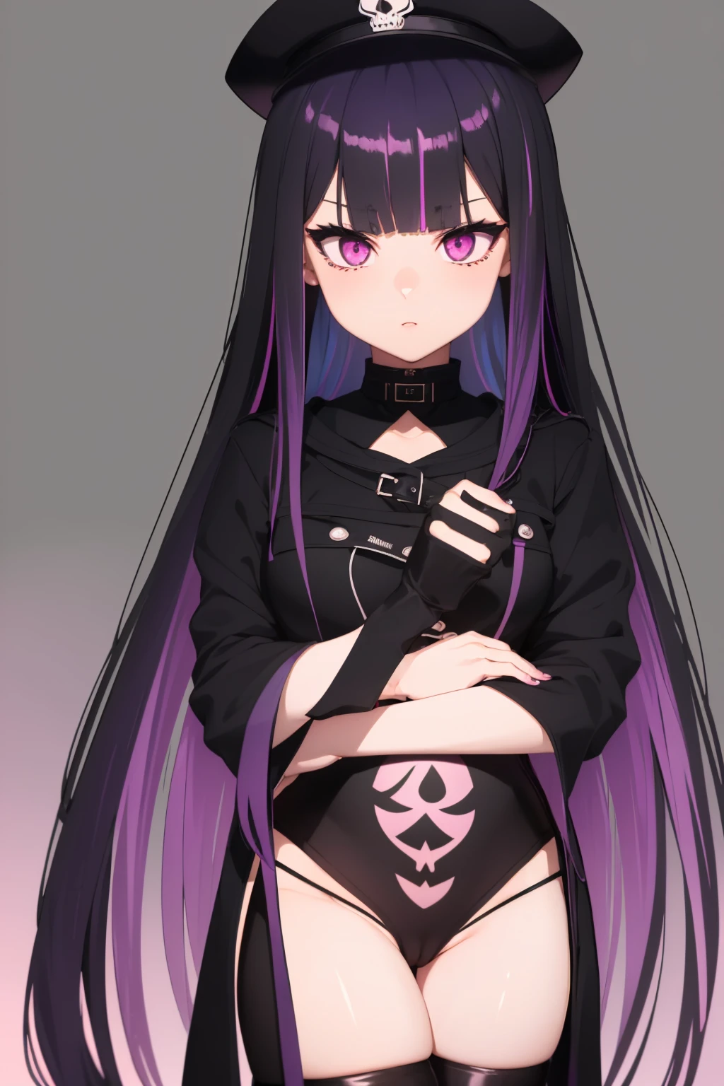 work of art, best qualityer,super fine illustration, Perfect Anatomia, anatomical correct, perfect proportion, face perfect, perfect hands, perfect legs, perfect toes, perfect hands, professional lighting, best qualityer, ultra detaild, extremely delicate and beautiful, 4K, 8k, clearly drawn face, gorgeous eyes, beautifully detailed eyes, highly-detailed eyes, (1 girl,standing alone,((black hair 1.2)(Purple Hair 1.2)fine thighs,long hair e liso, blunt bangs, (multicolored hair:1.5),(two tone hair:1.2), (gradient hair:1.3), multi colored eyes, standing, long hair, looking ahead at viewer, blush, , choker, thigh strap, (eyeliner:1.2), ombre, へそ, tummy, pink eyes, combat boots, skull hair clip, plain black hat, Black jacke, Purple pants, cinta, simply white background, fit the screen