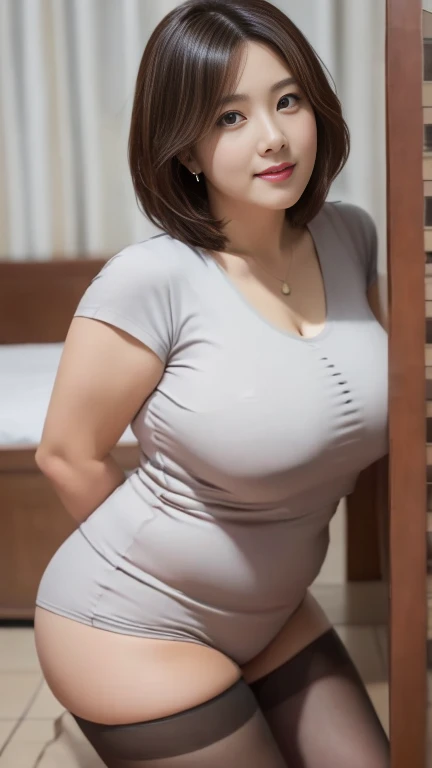 (8K, best quality, masterpiece, Golden Ratio Composition,:1.3, Panoramic view, Full body picture), (40 years old plump Japanese woman in hotel), (90 kg obese body),  (Wearing a turtleneck :1.2), (Legs close-up), (Black tights),  (Snow-white long legs),  (Huge breasts), (No upper body exposed),  (Cropped pants), (穿着Black tights), Soft face line, Gentle and beautiful, (Silver short hair),