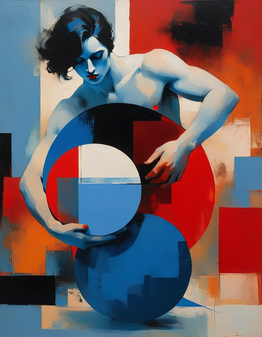there is a man sitting on a blue ball with a red dot in the background, inspired by Jarek Kubicki painting, chiaroscuro technique on sensual illustration of an arafed male supermodel , the model draped in flowing, thick oil painting Capture the essence of a fleeting dream in a vibrant, expressive oil painting. Use a mix of vivid and muted colors to create a surreal landscape that blends reality with imagination. Emphasize the fluidity and movement of the dream world through dynamic brushstrokes and abstract forms. Create high contrast between light and shadow fire around, there is a red circle on a blue and red square, inspired by Bauhaus, in a shapes background, brown red blue, circle forms, red blue, by Leon Polk Smith, memphis abstract minimal art, graphic shapes, minimal art, blue and red, minimal art style, bauhaus art, inspired by El Lissitzky, bold simple shapes