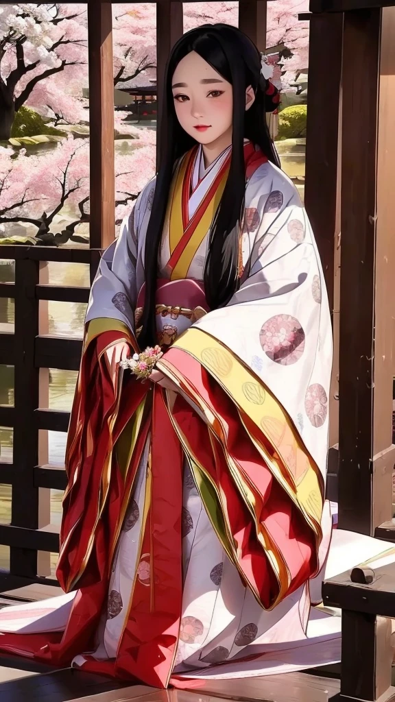 (Flower-like立ち姿)、(Flower-like)、(Like flowers)、(Floral fragrance)、(Everyone is enchanted)、(Pale Cherry Blossomsの色)、(Pale red plum color)、(((Highest quality、Highest quality、masterpiece、Beautiful and beautiful、There was only one beautiful woman with long, jet black hair and beautiful, round, black eyes.、A gentle gaze、Rosy Cheeks)))、 (ceremonial robe of court lady from the Heian period in Japan)、imperial palace、Pale Cherry Blossoms、Pale Cherry Blossomsの花びら、Highest Resolution、Highest quality、8k、Depth of written boundary_shallow、Super beautiful graphics