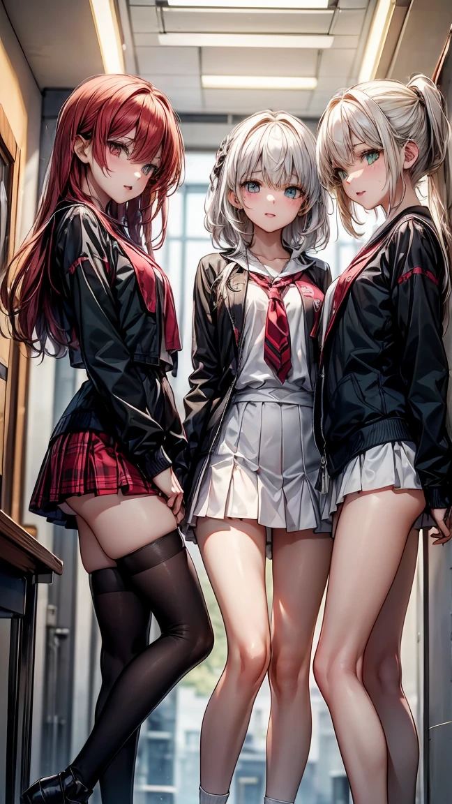 (((3 17 year old girls.))) 1 with yellow hair and green eyes, tanned body. 2 white hair and blue eyes, white body. 3 Red Hair And Red Eyes, with dark body. The 3 girls are standing. in clothes. High School College Fund.