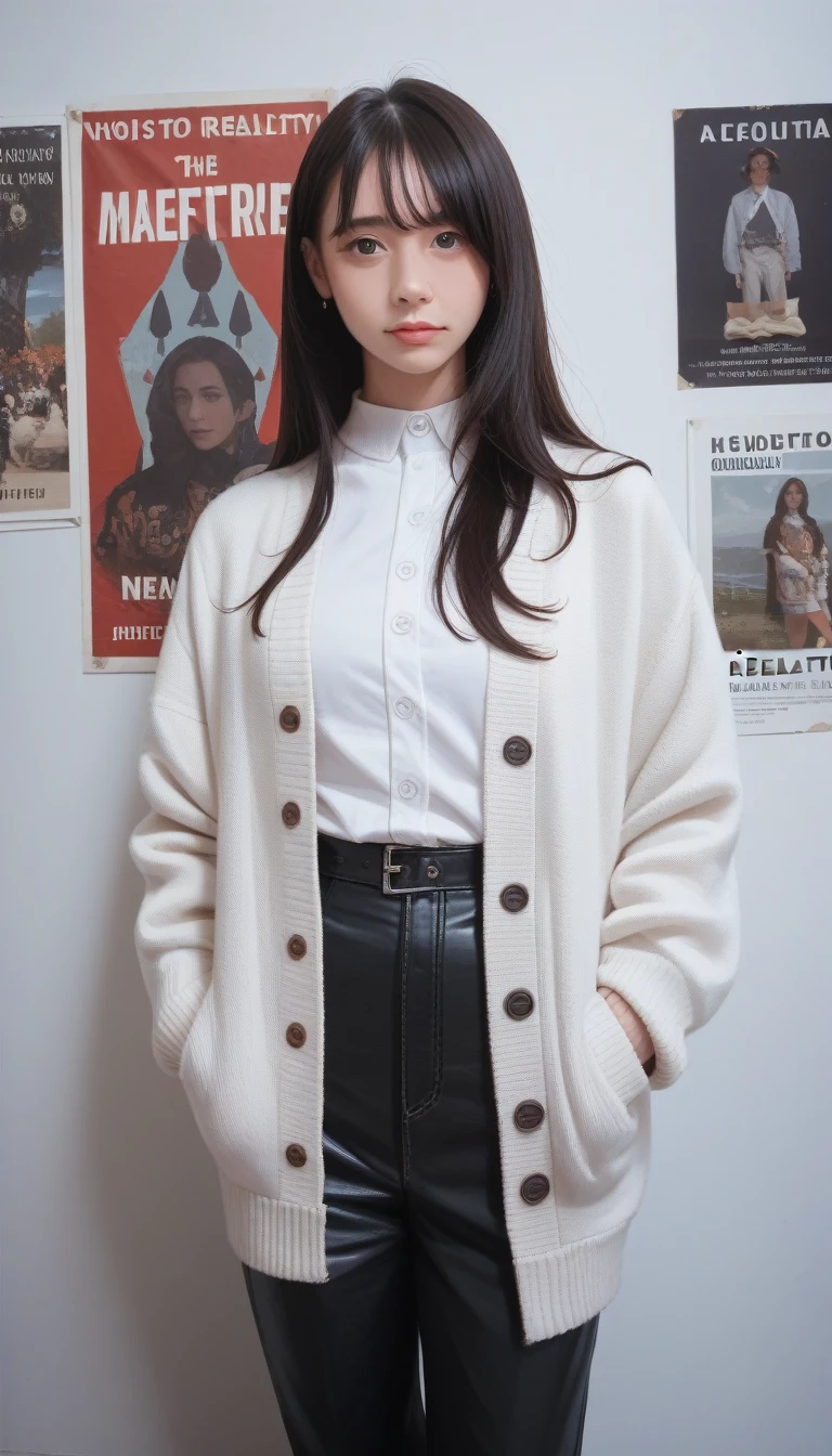 score_9_up, score_8_up, score_7_up, masterpiece, best quality, Ultra-high resolution (Reality: 1.4), original photo, 35mm lens, Aperture F1.4, poster, Light and Shadow, A girl, Wearing a white cardigan, Black long hair, Genuine Leather, (Skin details: 1.3),